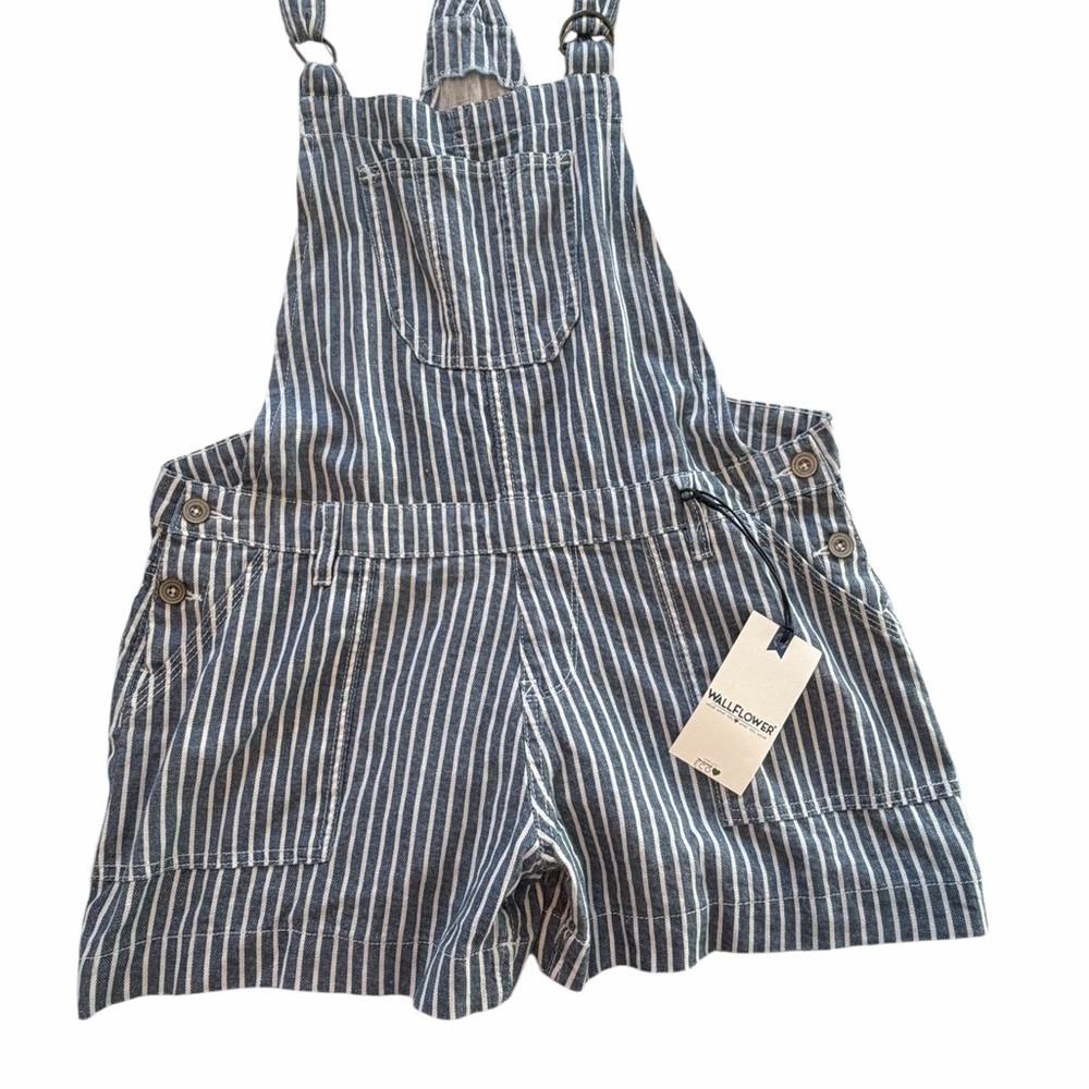 Wallflower Blue and White Striped Short Overalls - Picture 3 of 10